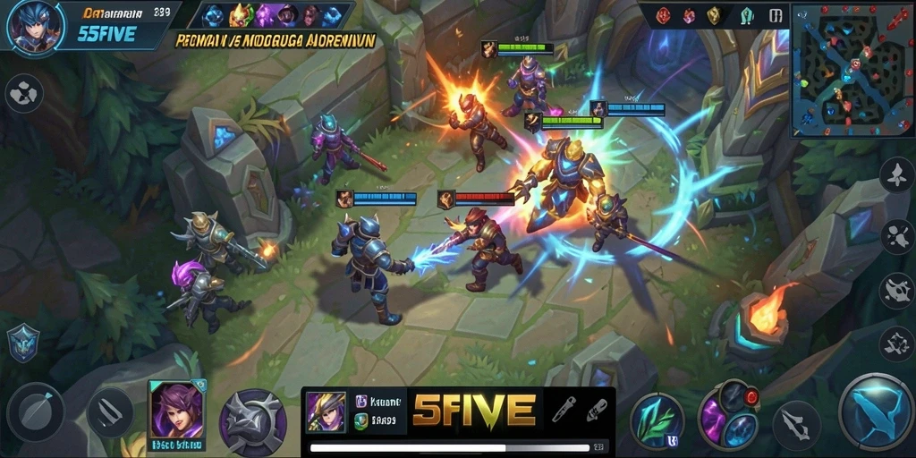 Tampilan aksi seru dalam permainan MOBA 55FIVE.