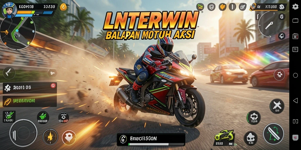Screenshot gameplay LNTERWIN yang menampilkan balapan motor yang seru.