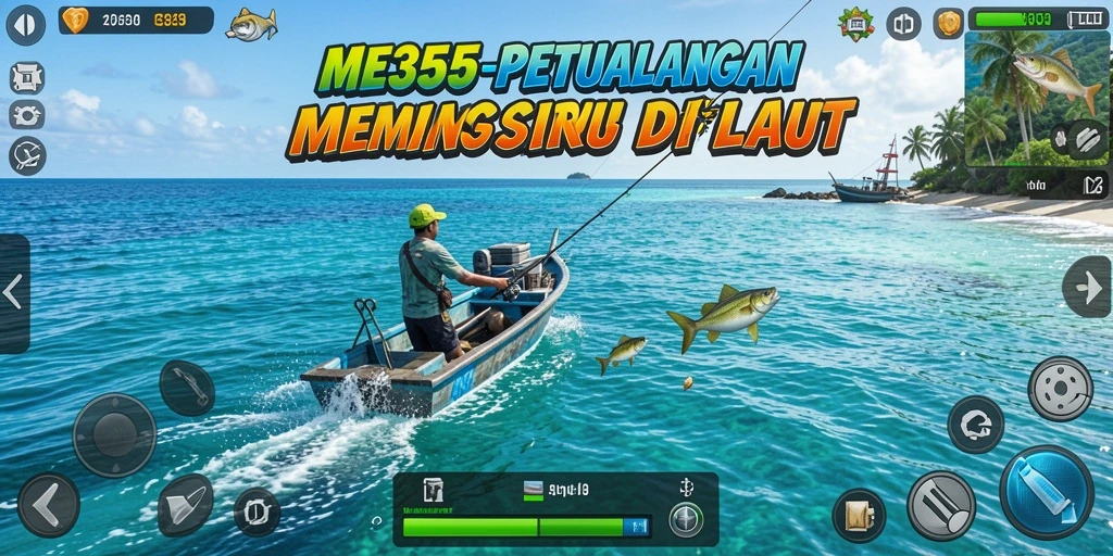 Screenshot gameplay ME355 menampilkan aksi memancing yang seru di laut.