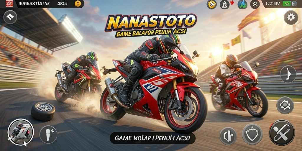 Gameplay seru NANASTOTO dengan balapan motor yang mendebarkan.