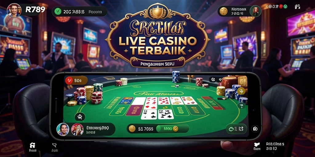 Screenshot gameplay yang menunjukkan dealer langsung dan suasana kasino.